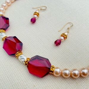 Cream Rose Swarovski Pearls with Red Crystal Square Beads Necklace Earrings Set
